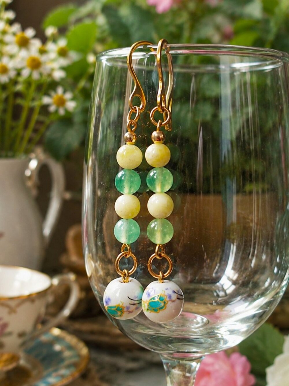 Floral Ceramic & Chrysoprase Earrings, Colorful Cottagecore Earrings, Whimsical